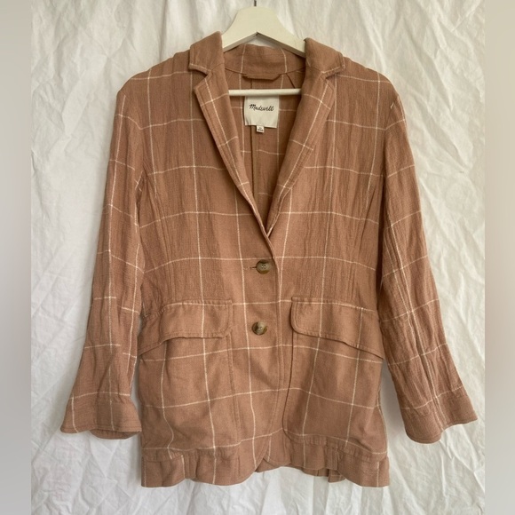 MADEWELL Tan Breezewoven Larsen Blazer in Windowpane Linen Oversized Size XS - Picture 3 of 15